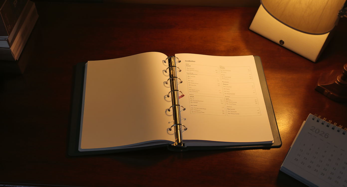 Open professional binder on dark mahogany desk with desk calendar — representing 401k retirement contribution planning