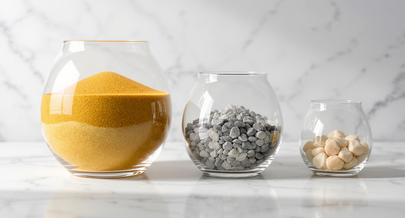 Three glass containers of graduated sizes filled with sand, pebbles and stones on white marble — representing the 50/30/20 budget allocation proportions