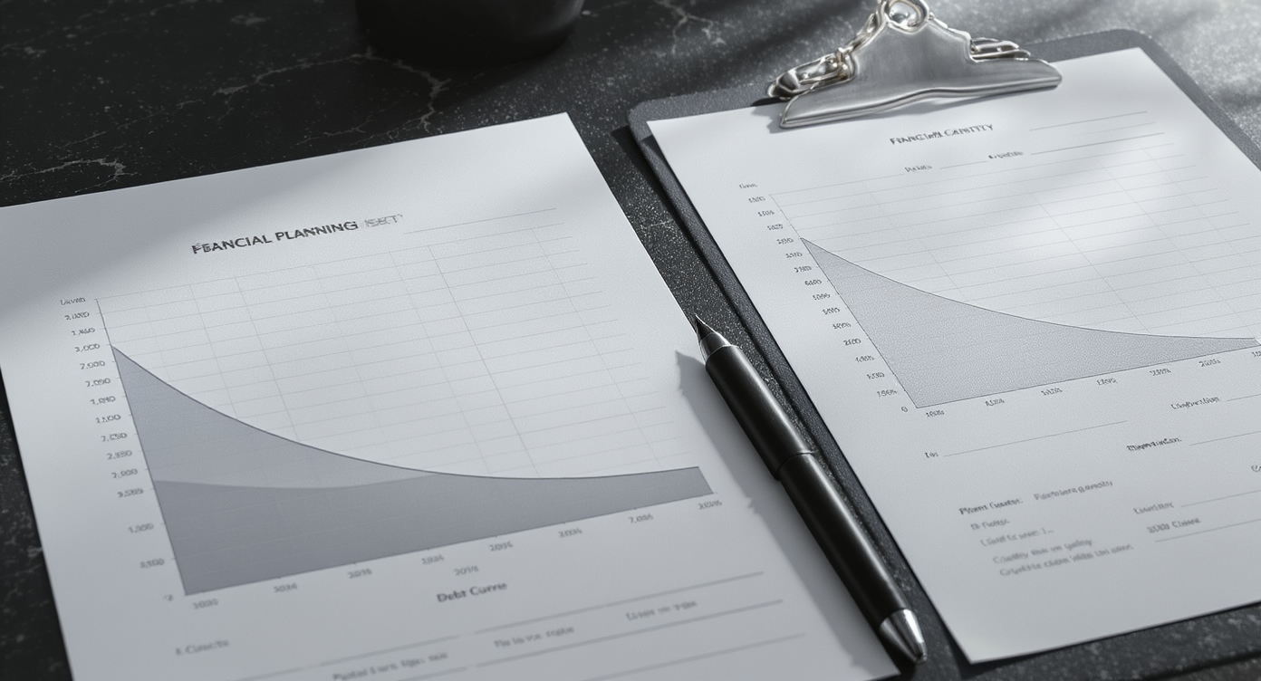 Two financial planning worksheets side by side on dark slate — representing the two debt payoff strategy paths
