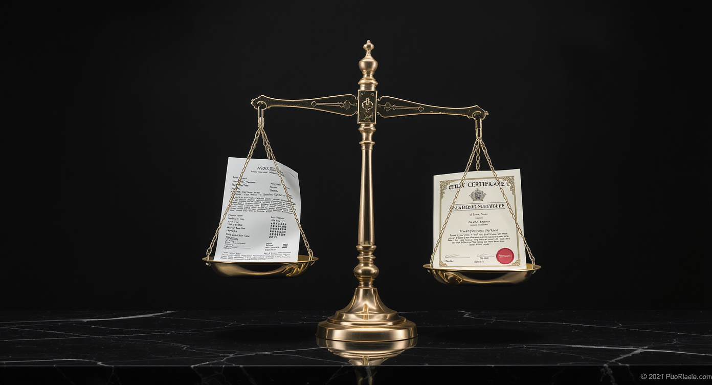 Brass weighing scale on dark marble with a credit card statement on one side and a stock certificate on the other, tilted to show an unresolved financial decision