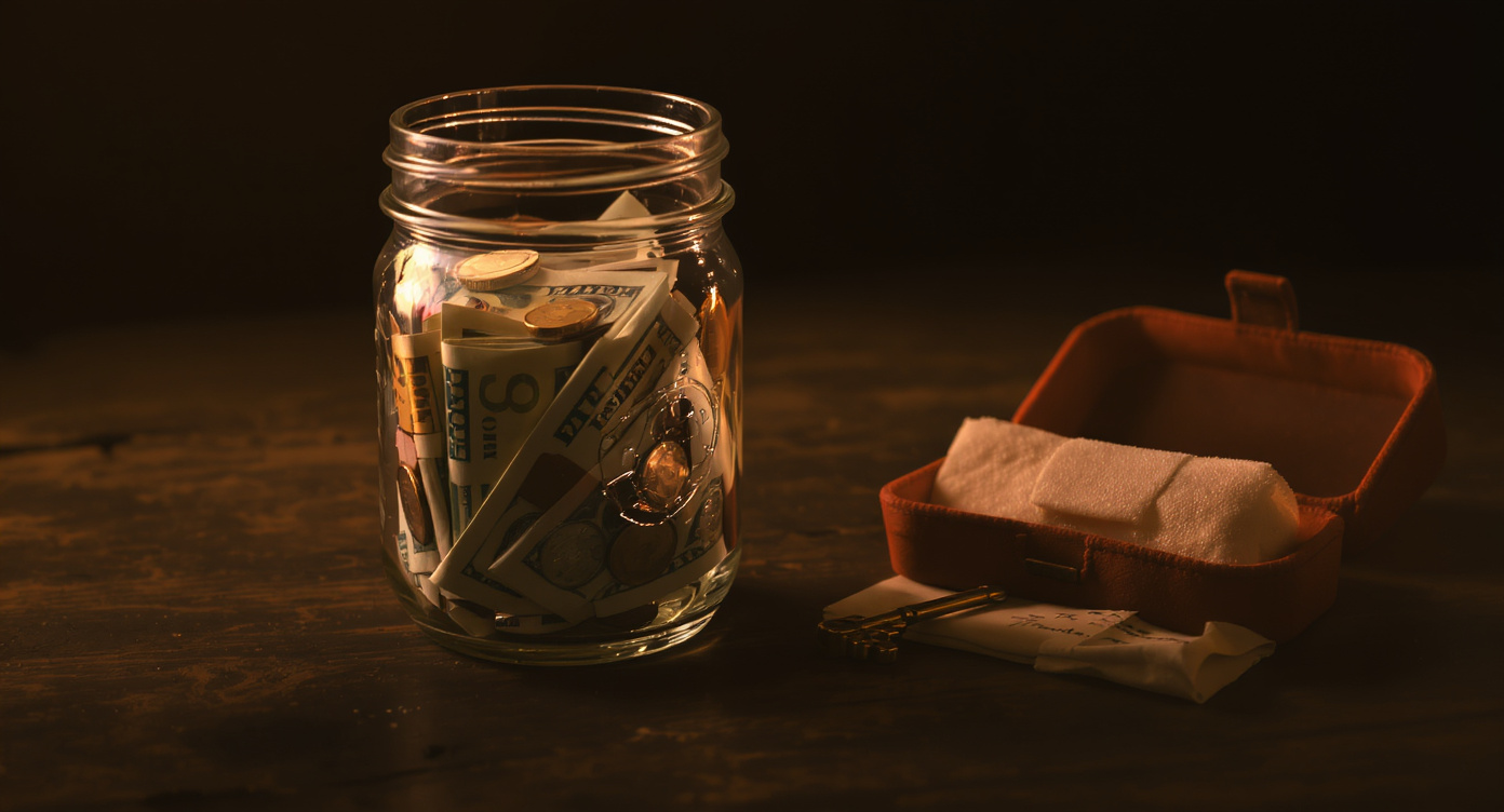Glass mason jar filled with rolled currency and coins on weathered dark wood, beside a small emergency kit — representing financial preparedness in an inflationary environment