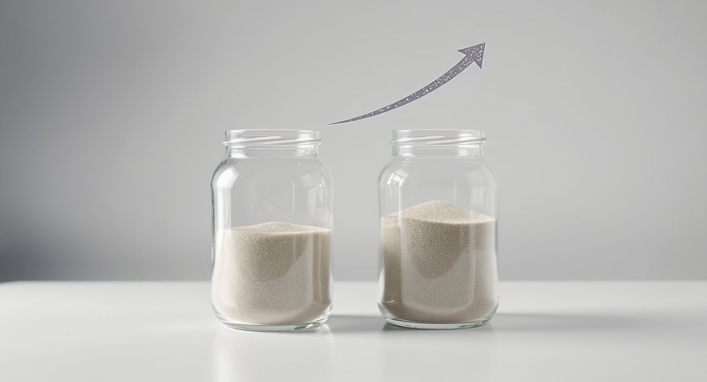 Two identical glass containers side by side — one with less sand representing 3 months of expenses and one nearly full representing 6 months — with a small inflation arrow curving between them