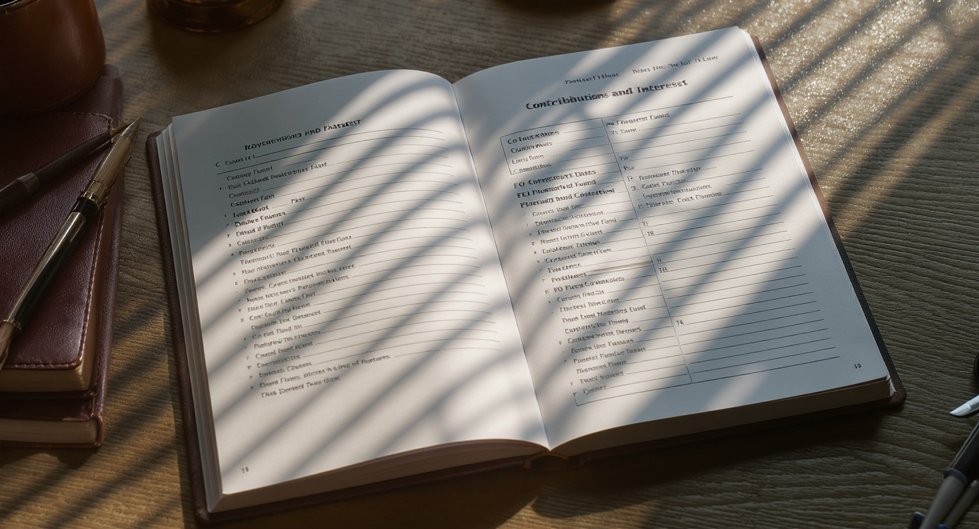 Close-up macro of government-issued provident fund passbook on desk with venetian blind striped afternoon light — representing EPF retirement savings