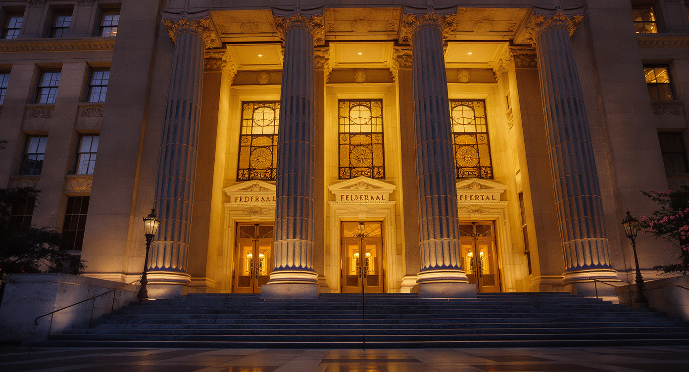 Federal Reserve building entrance at dusk with stone columns in amber light and blurred street traffic below — representing the March 2026 FOMC rate decision