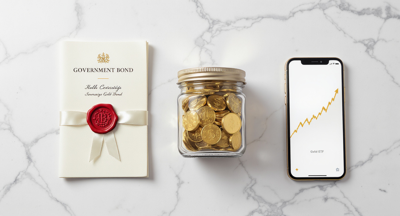 Three gold investment options side by side — a government bond certificate, a small glass jar of gold coins, and a smartphone showing an upward chart — representing SGB, physical gold, and Gold ETF