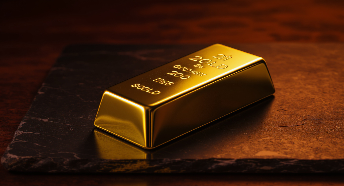 Three gleaming 24-karat gold coins stacked on dark slate surface catching warm amber directional light — representing the surge in gold prices in India in 2026