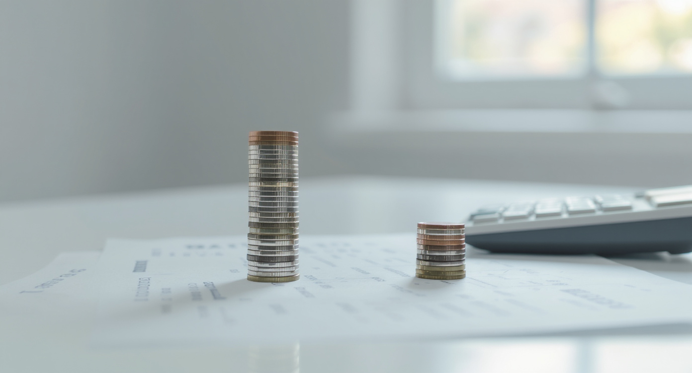 Tax return form and two stacked coin columns of different heights on a white desk — illustrating the difference between standard deduction amounts across tax years