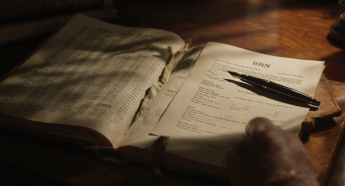Tax ledger open on a dark mahogany desk with a fountain pen beside IRS documents — representing 2026 federal income tax planning