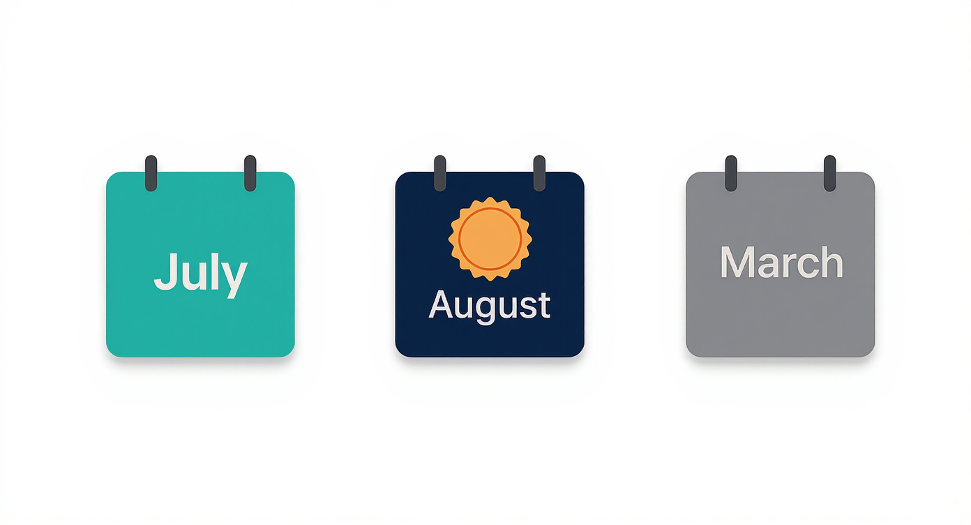 Three calendar-card tiles in a horizontal row showing ITR filing deadlines: July 31 in teal for salaried, August 31 in navy for business and professionals with a NEW badge, March 31 in grey for revised returns — illustrating the new staggered ITR deadlines from Budget 2026