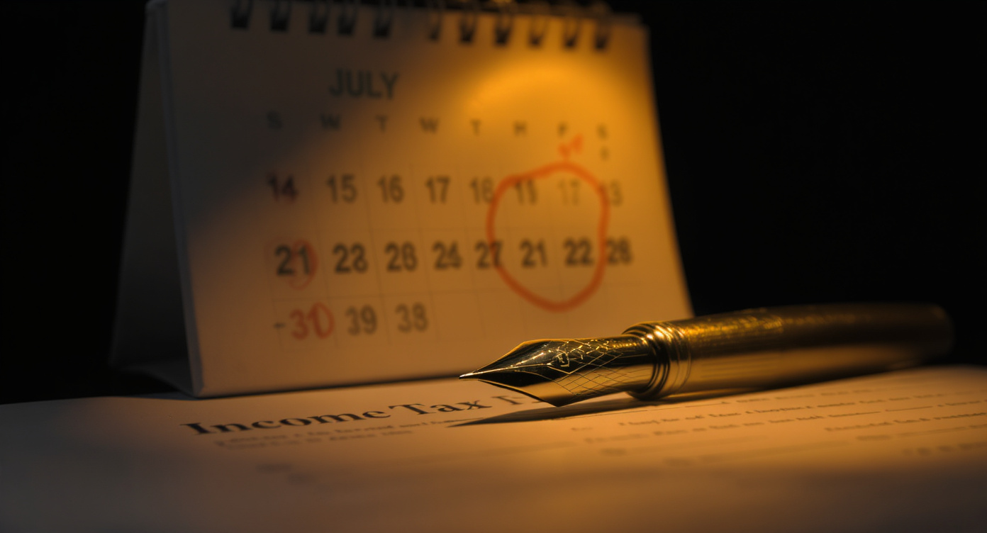 Brass pen nib resting on a typed income tax form, wall calendar open to July with a circled date visible in the background, warm amber reading-lamp light, dark navy background — representing ITR filing deadlines changed by Budget 2026