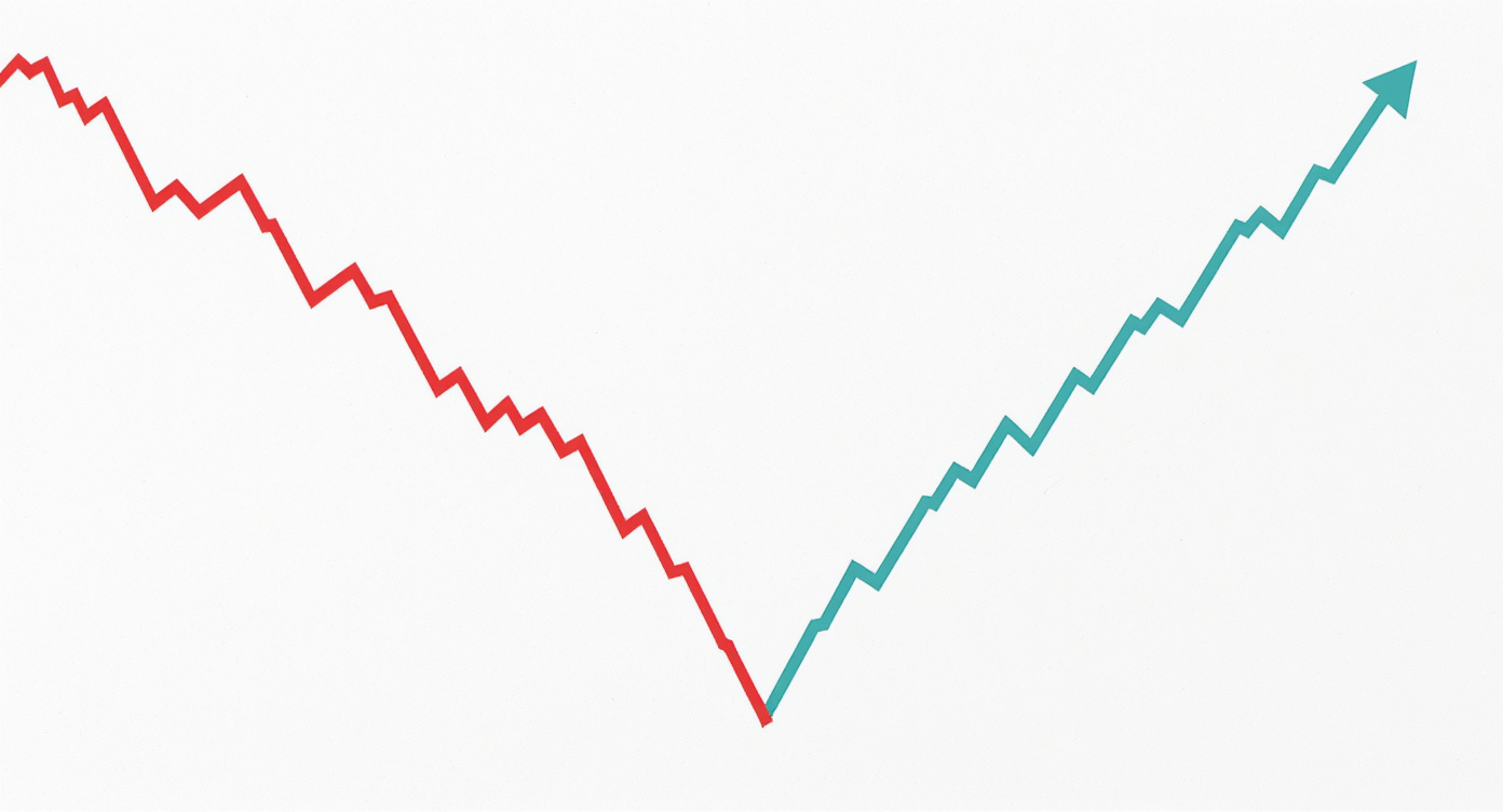 V-shaped recovery line chart: red descent to trough labeled April 8 low, then teal ascending line past original level by October 2025 and April 2026, with dollar-sign dots along the trough representing DCA purchases