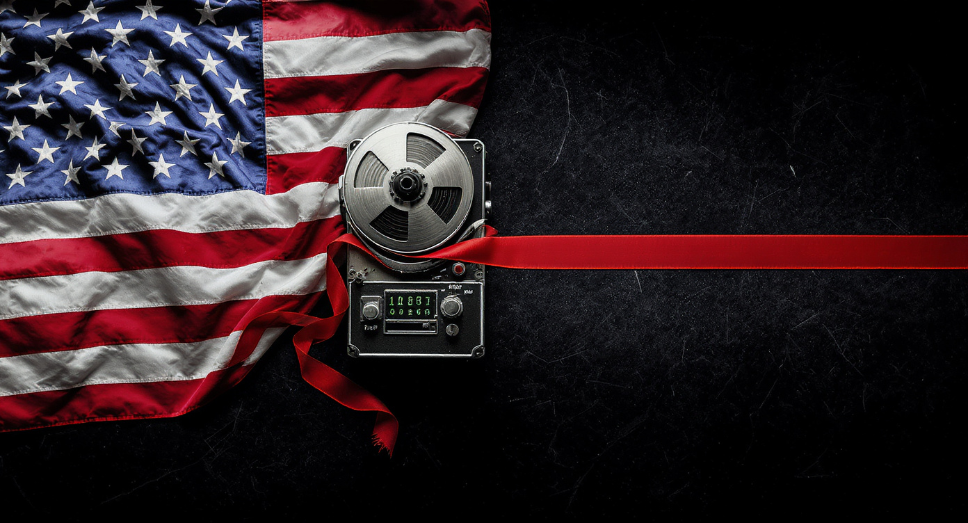 Split-frame editorial: left side shows vintage stock ticker machine spewing red falling ticker tape behind an American flag representing the April 2025 market crash; right side shows the same machine with green ascending tape representing the 2026 recovery — separated by a beam of amber light