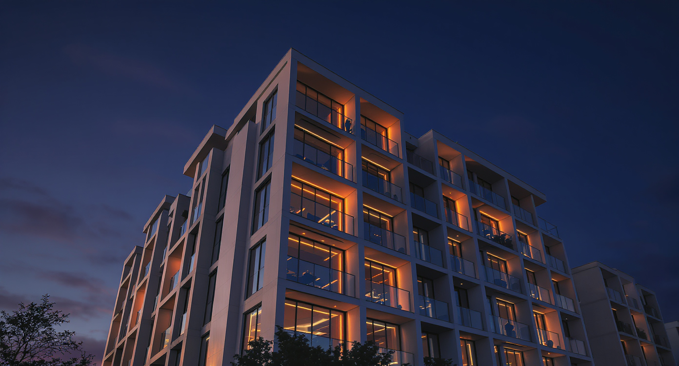 Modern residential building facade at golden hour — geometric lines, glass panels, and amber light representing housing market investment decisions