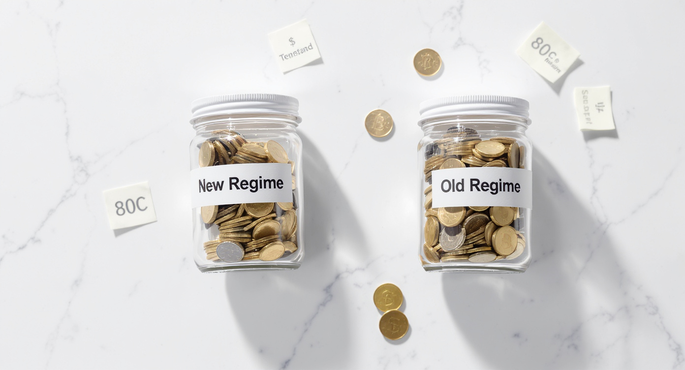 Two glass jars on white marble — the New Regime jar filled with gold coins to three-quarter level, the Old Regime jar with fewer coins inside and a pile spilling outside — representing how the new tax regime retains more money for most salaried taxpayers in India for FY 2026-27