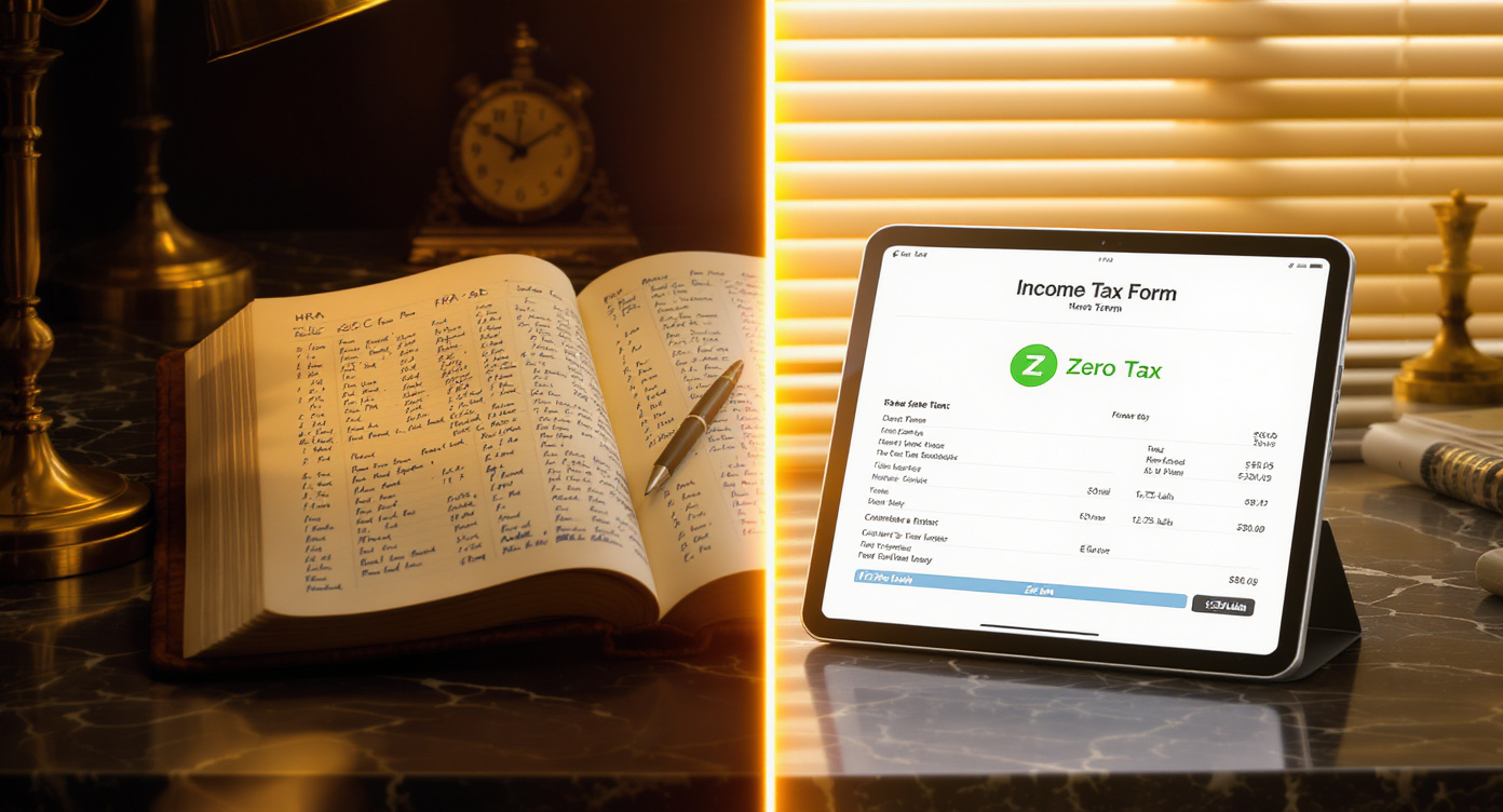 Split-scene image of an old accounting ledger with handwritten HRA and 80C entries on the left, and a modern tablet showing zero tax on a clean digital form on the right — representing the choice between old and new income tax regimes in India