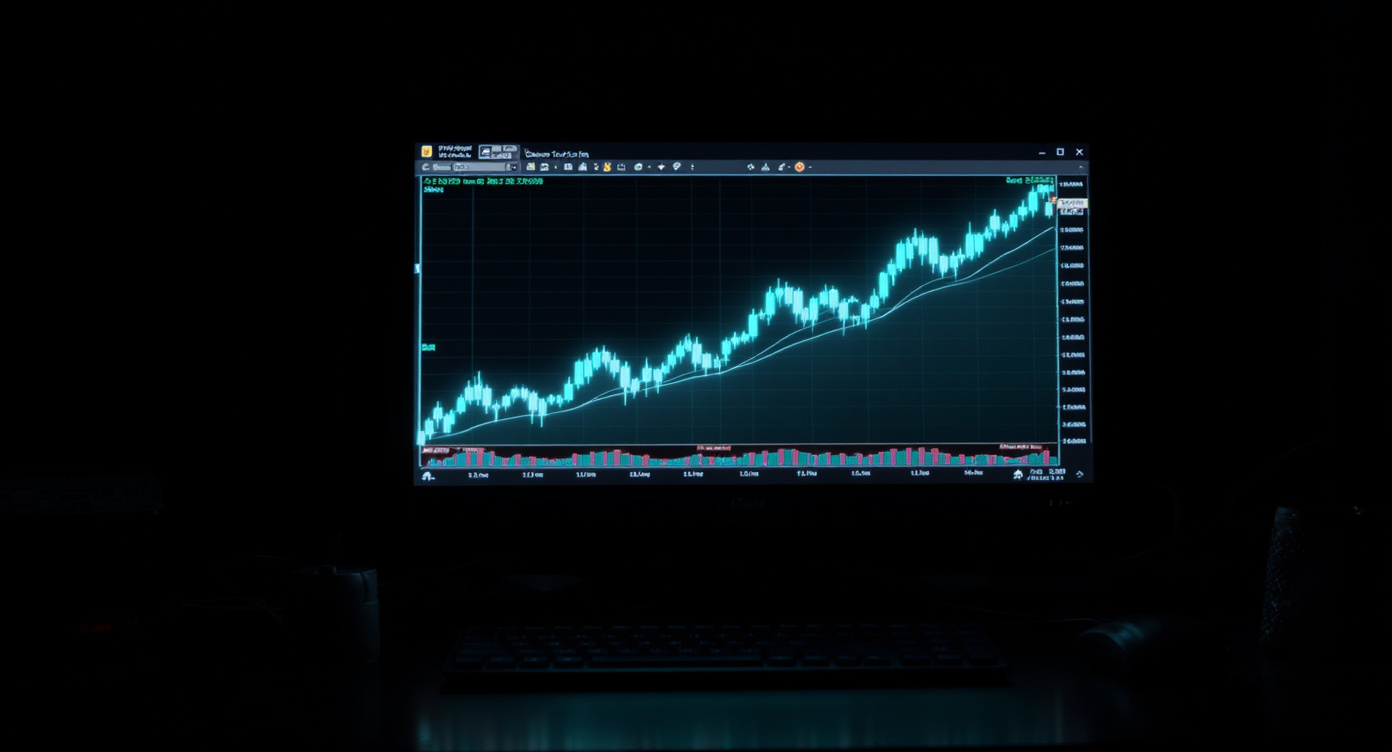 Professional trading terminal screen in dark room — ascending chart in luminous teal glow reflecting on desk surface, representing Nifty ATH market moment