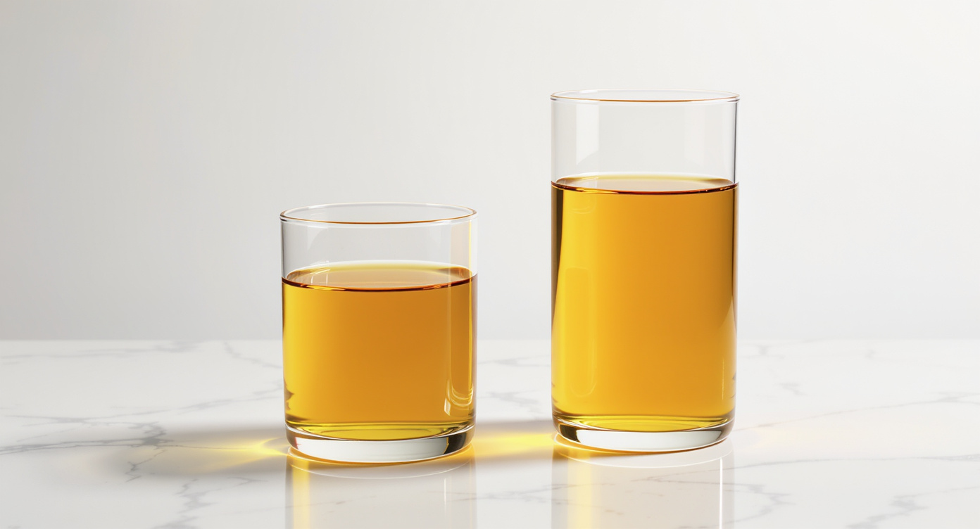 Two glass cylinders side by side on white marble — one stable and fully filled, one taller with a slight surface ripple — representing the return versus volatility trade-off between largecap and midcap index funds