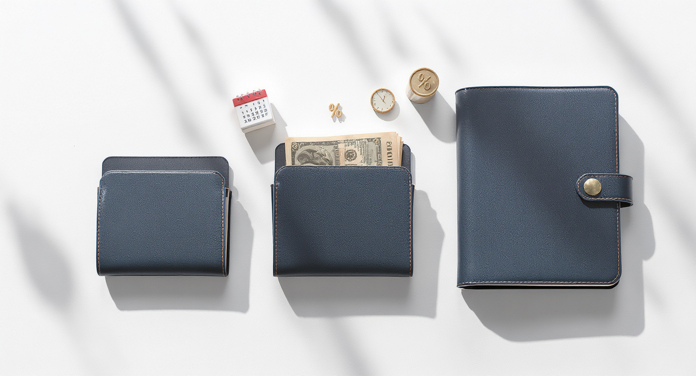 Three passbook-style folders of different thicknesses on a white surface — the thickest on the right representing NPS's larger potential corpus, alongside calendar and percentage icons