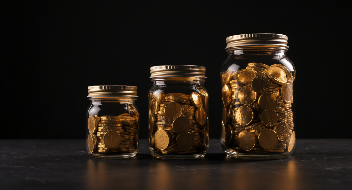 Three glass cylindrical jars filled with stacked gold coins at different heights on dark slate — representing the different retirement corpus sizes of EPF, PPF, and NPS