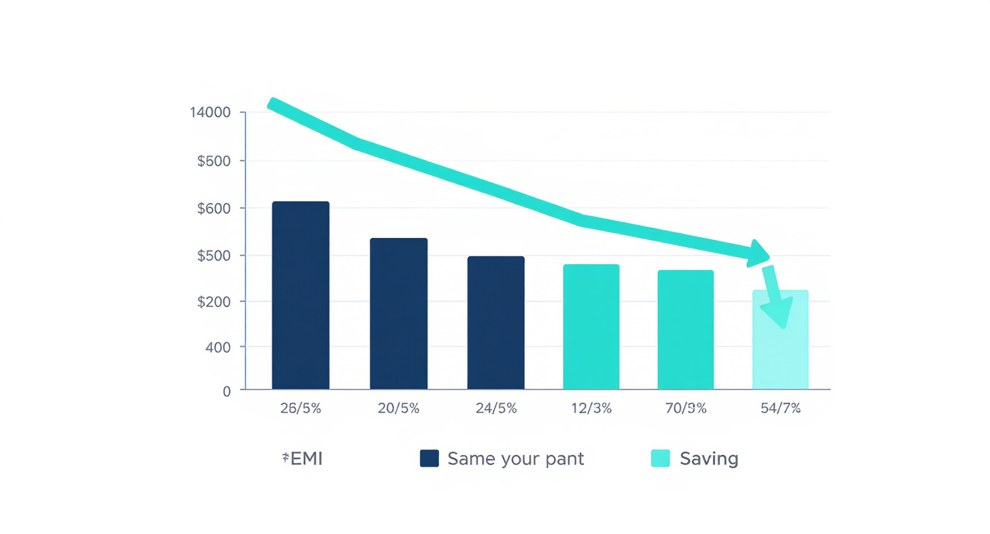 Stylised EMI amortisation bar chart with decreasing bars in navy and teal, large downward arrow in teal overlaid, three house icons labeled ₹30L, ₹50L, ₹75L below — illustrating home loan EMI savings from the April 2026 RBI rate cut