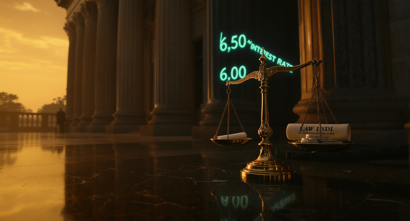 Reserve Bank of India neoclassical stone colonnade at dawn with a brass balance scale in the foreground and a downward-trending interest rate graph projected on the facade — representing the April 2026 repo rate cut to 6.00%