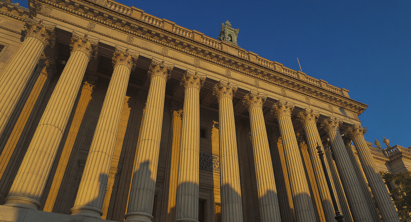 Grand colonnaded entrance of Reserve Bank of India Mumbai headquarters — stone columns with golden hour light and deep navy sky