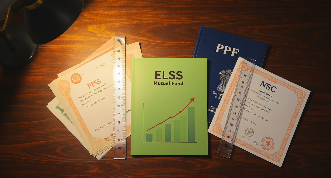 Three financial product documents — a green ELSS mutual fund factsheet, a blue PPF passbook, and an orange NSC certificate — fanned out on dark walnut wood with handwritten lock-in period annotations beside each, representing the three main Section 80C tax-saving instruments