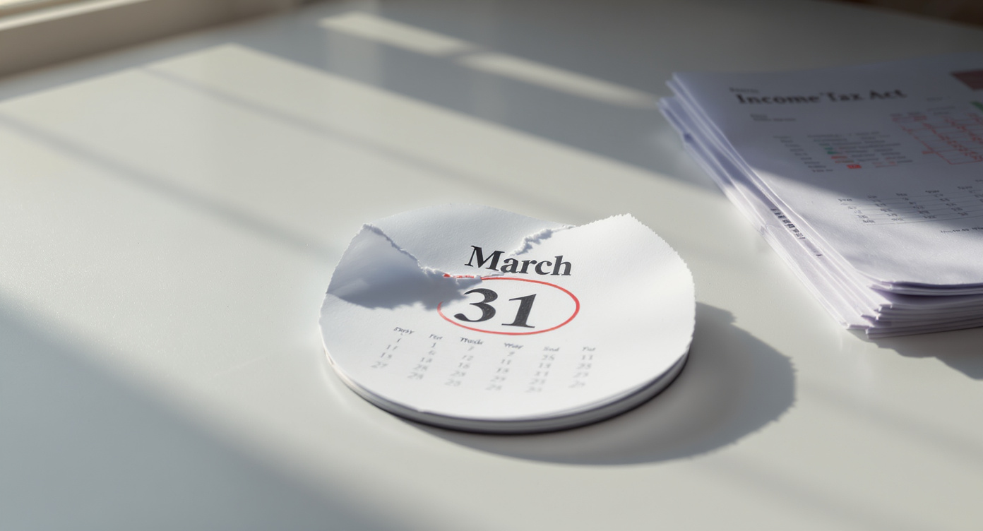 White desk with a calendar showing March 31 circled in red, income tax documents, and three color-coded folders labeled ELSS, PPF, and NSC in green, blue, and orange — representing last-minute Section 80C tax saving decisions