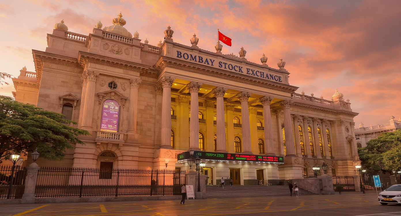 Bombay Stock Exchange exterior at golden hour with ornate colonial facade glowing amber and ticker board above the entrance — representing India's decade-long stock market bull run