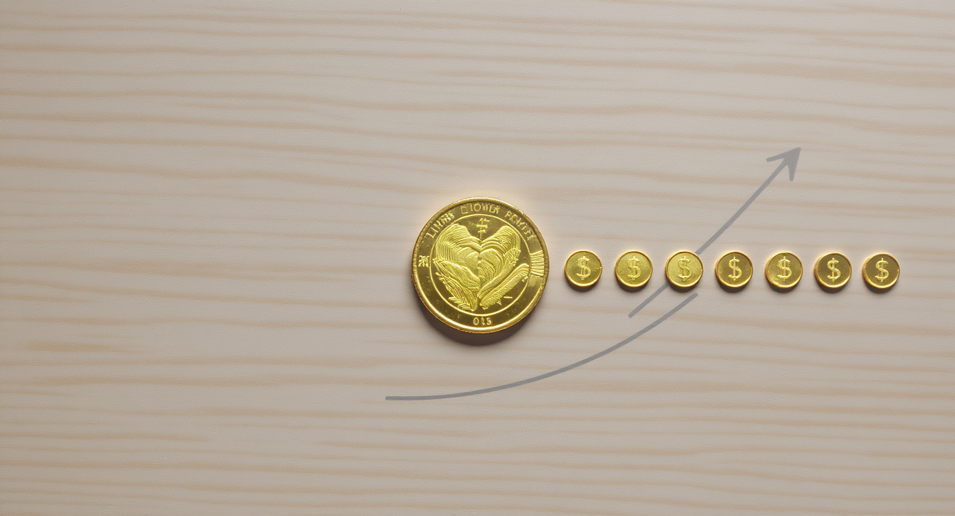 Single large gold coin beside a neat row of ten smaller coins on a light surface, with an ascending graph arc rising behind — illustrating lump sum vs SIP investment approaches over a decade