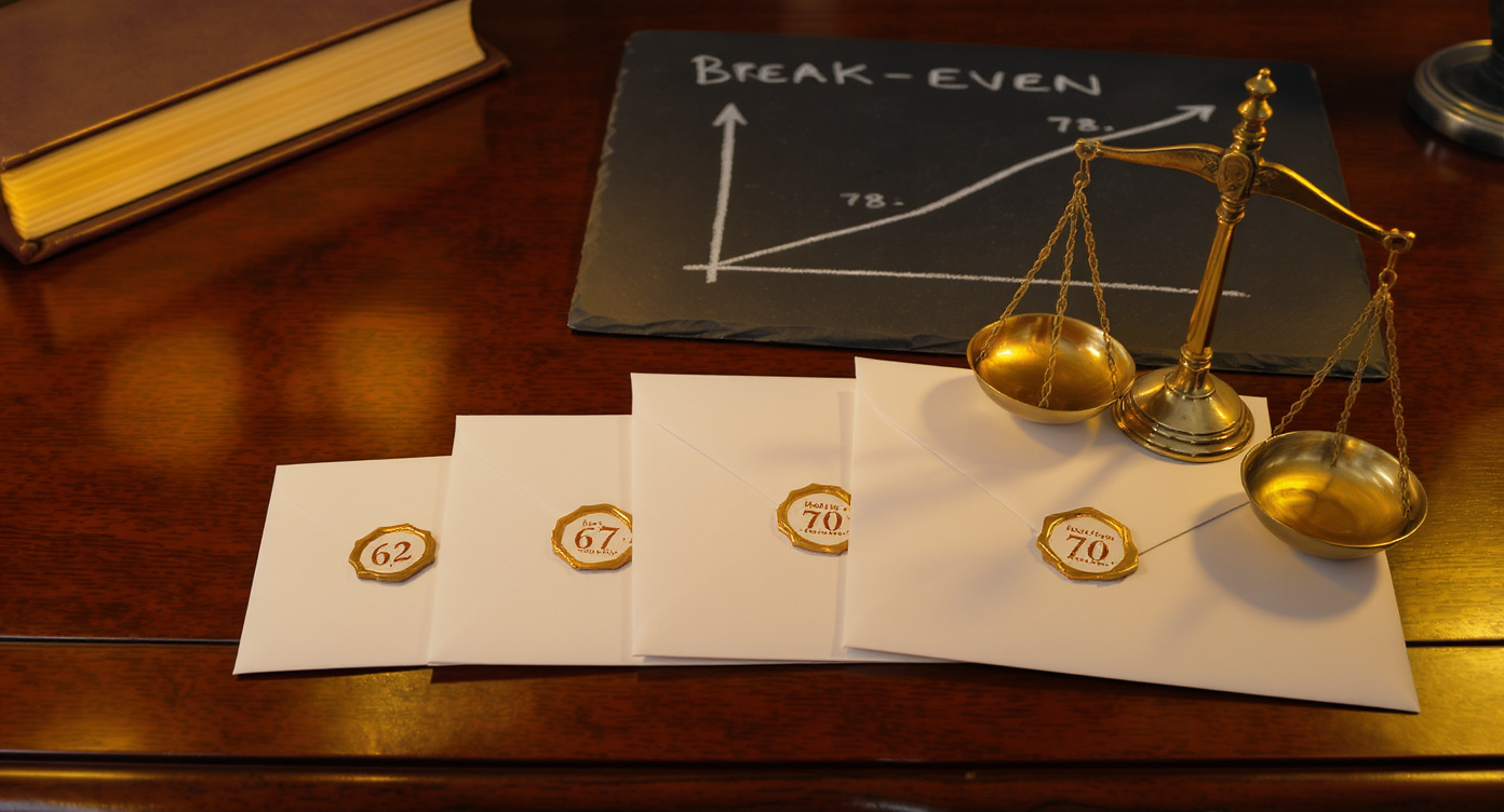 Three Social Security envelopes of graduated sizes labeled 62, 67, and 70 on a dark walnut desk with a brass balance scale tilting toward the age-70 envelope, and a chalk break-even chart on a slate board showing crossover points at age 79 and age 83