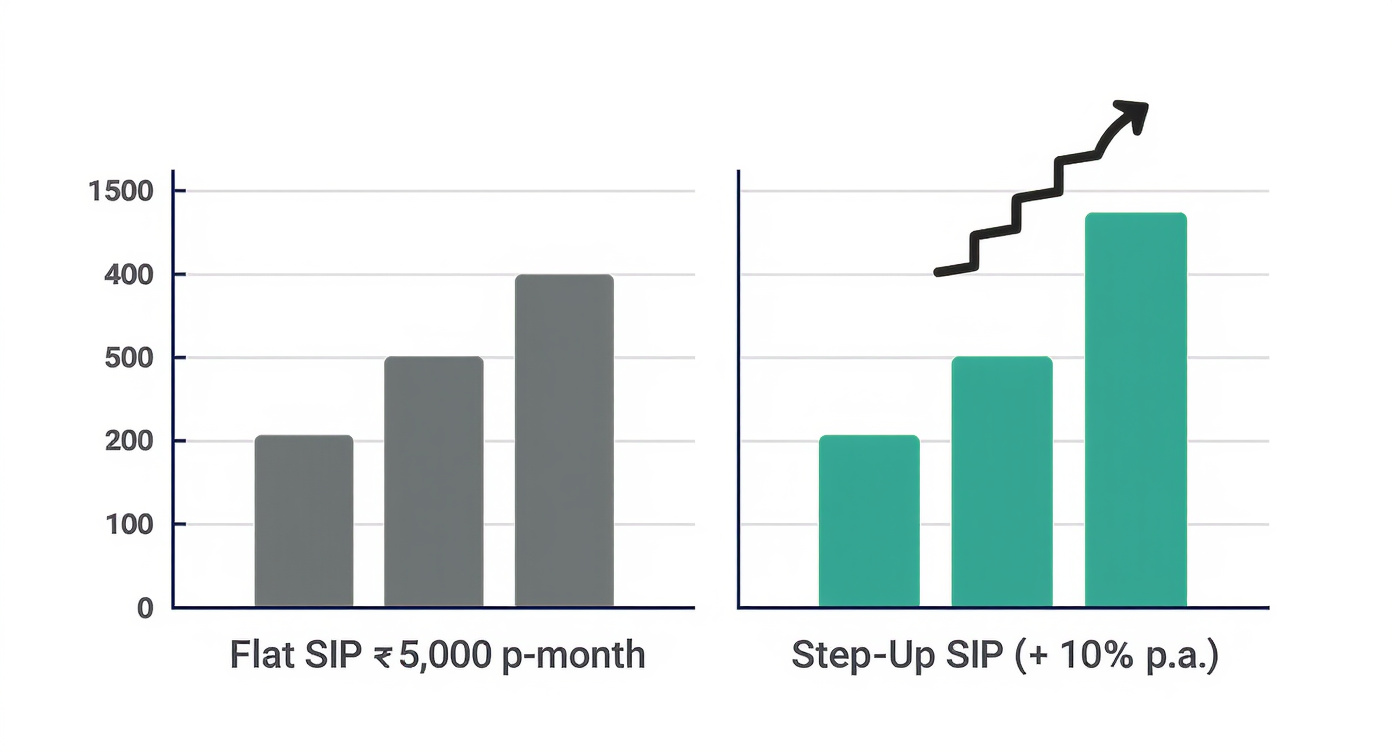 Two side-by-side bar charts: left shows Flat SIP corpus at 10/15/20 years in slate grey, right shows Step-Up SIP at same intervals in teal with notably taller 20-year bar — illustrating the ₹56 lakh corpus difference