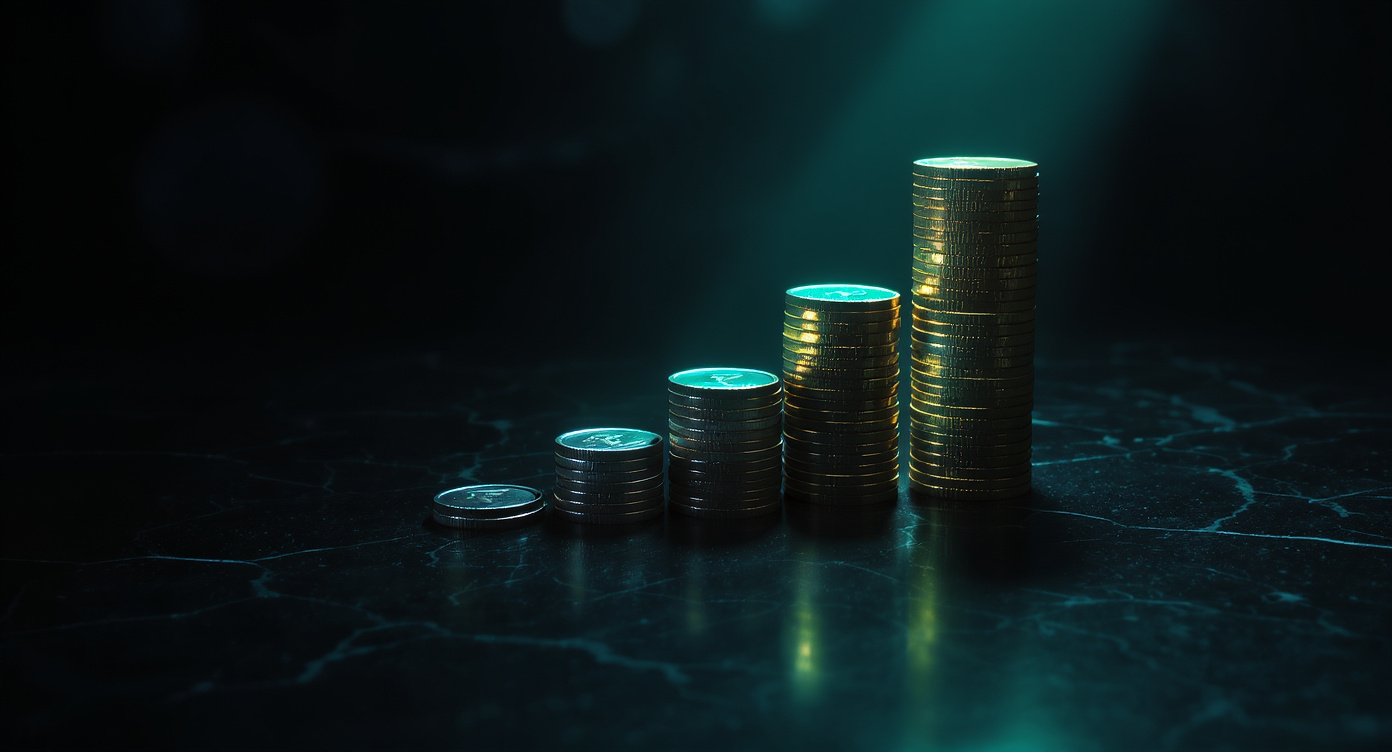 Dramatic staircase of ascending coin stacks on dark slate — smallest silver coins at left, tallest gold coin tower at right — lit by horizontal teal light beams with a rupee symbol engraved on the top coin, representing step-up SIP wealth accumulation