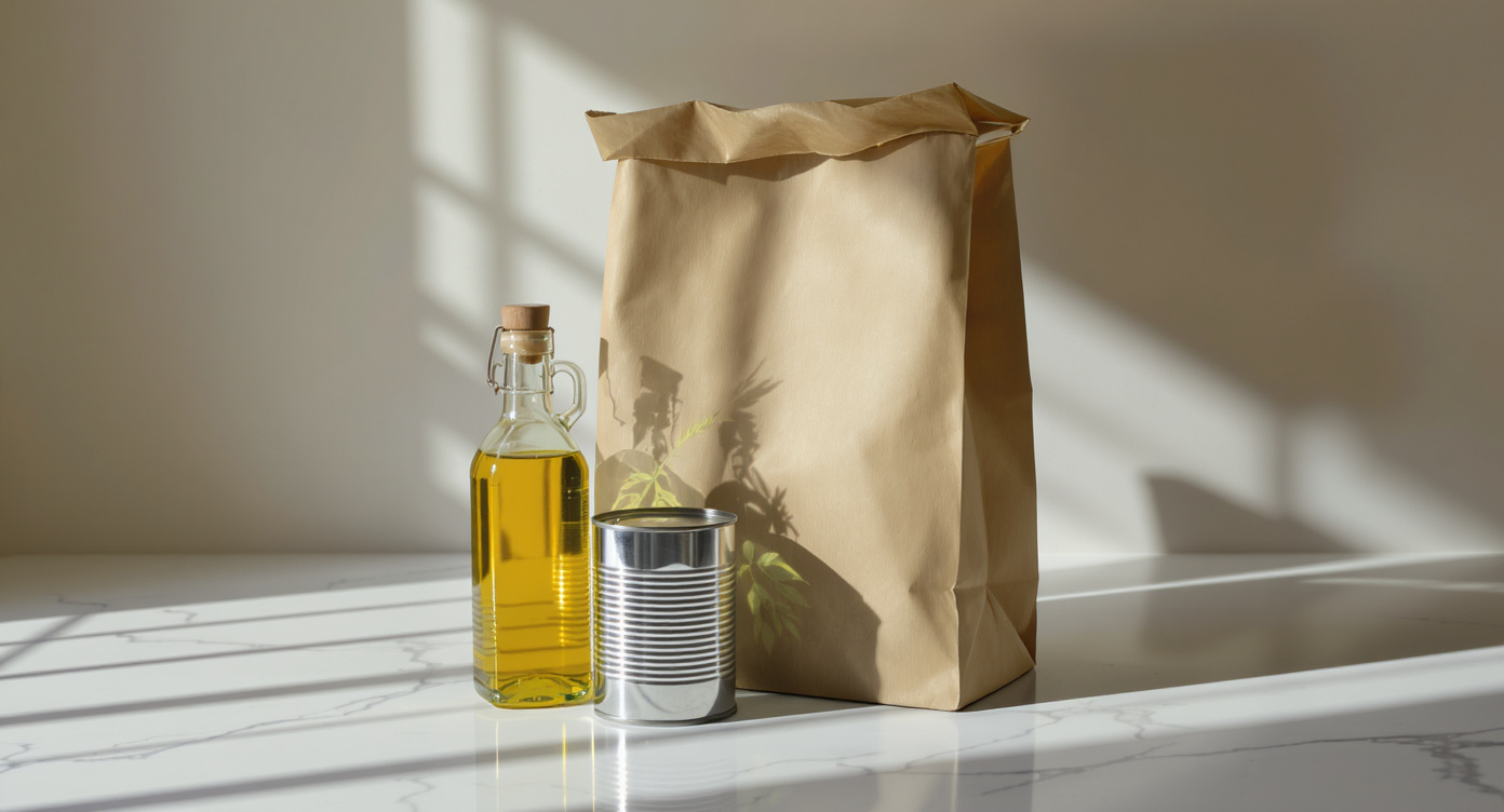 Brown paper grocery bag on marble kitchen counter with everyday staples — olive oil, canned goods, cereal — representing how import tariffs raise the cost of household goods