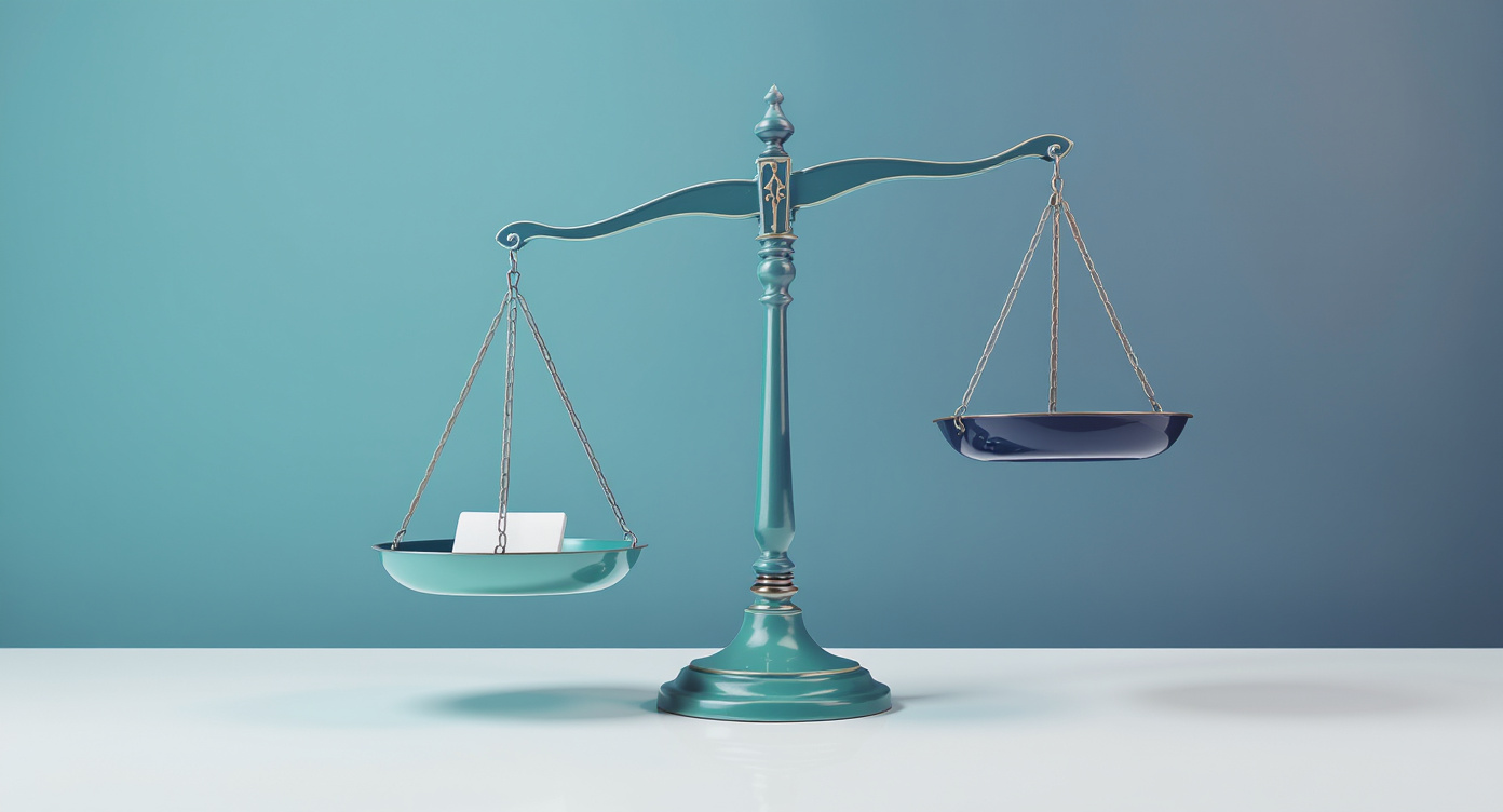Traditional balance scale on white surface with left pan elevated representing 65% soft landing probability and right pan lower representing 35% recession probability — illustrating the probability distribution for US economic outcomes in 2026