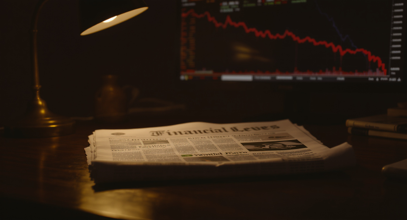 Crumpled broadsheet financial newspaper on a dark mahogany desk, single amber desk lamp casting directional light, blurred trading terminal screen in background showing red declining chart lines — representing US recession risk in 2026