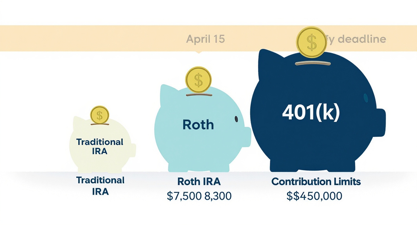 Three ceramic piggy banks of ascending height labeled Traditional IRA, Roth IRA, and 401k with gold coins in each slot, contribution limits shown below each, April 15 deadline banner across the top in amber