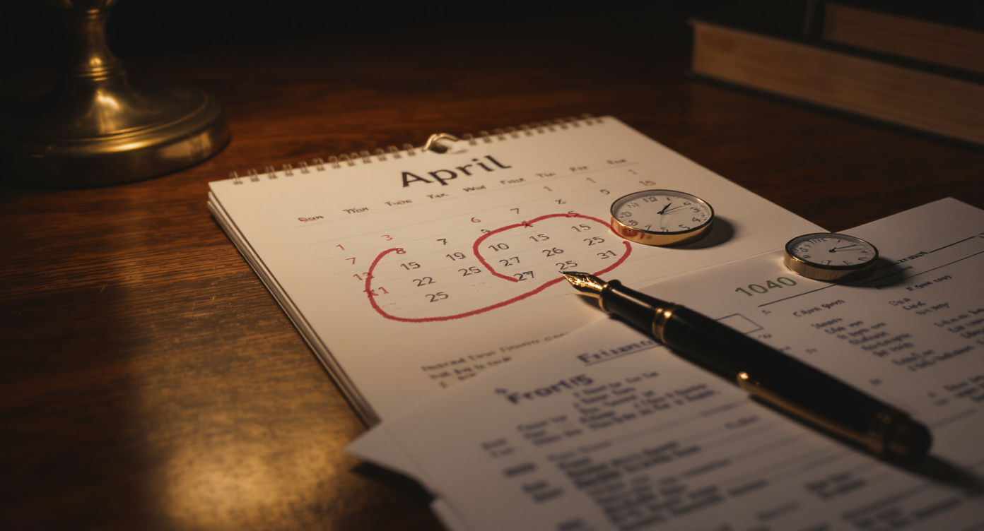 Desk calendar open to April with the 15th circled in red ink, Form 1040 tax return partially visible beneath, and a heavy brass fountain pen resting across both — warm amber desk lamp glow from upper left on dark walnut surface